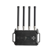 Antenna receiver with four vertical rods on a rugged black rear panel and side handles