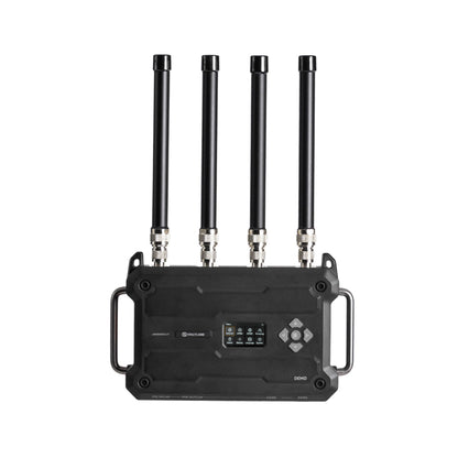 Antenna receiver with four vertical rods on a rugged black rear panel and side handles