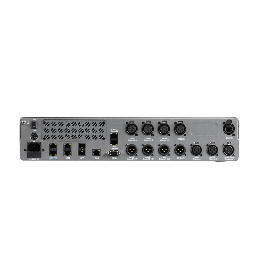 Central station audio interface with multiple ports, XLR-style inputs, and indicators