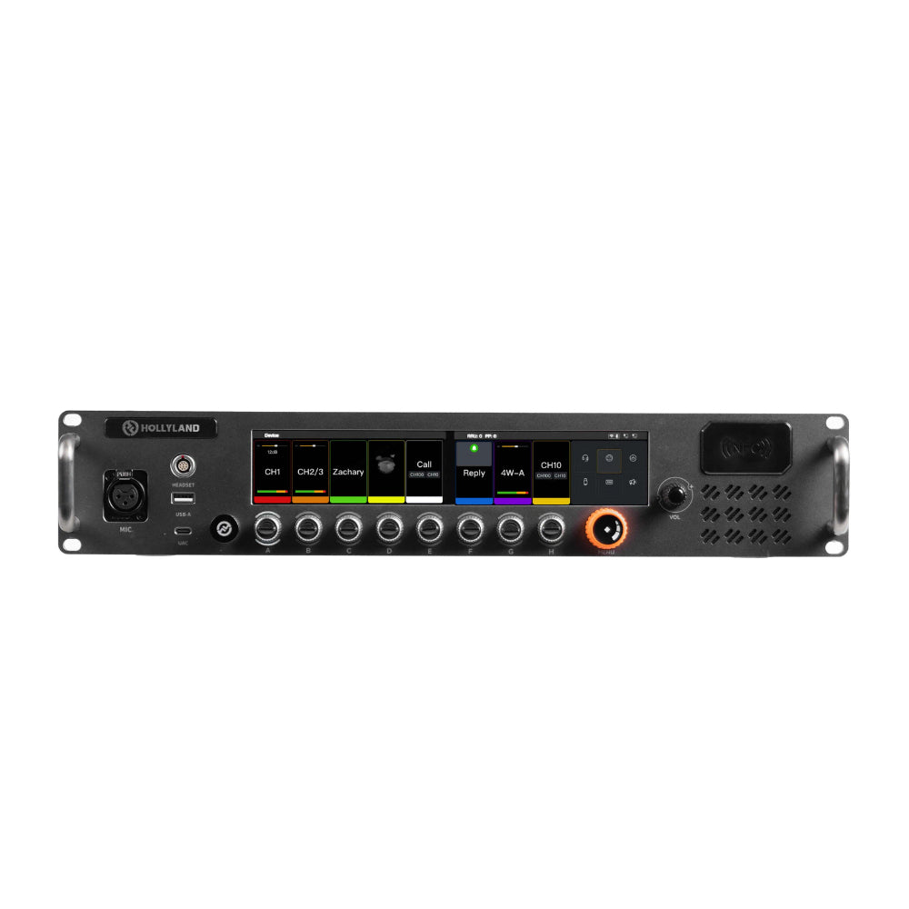 Central station audio interface with display, knobs, and illuminated control buttons
