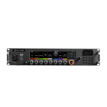 Central station audio interface with display, knobs, and illuminated control buttons