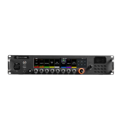 Central station audio interface with display, knobs, and illuminated control buttons