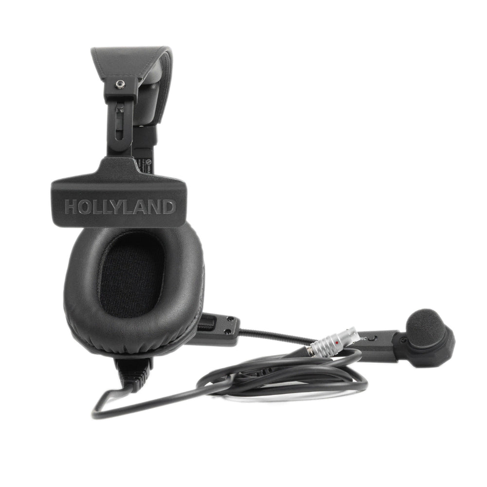 Hollyland over-ear headset with fold-up mic arm and coiled connection cable
