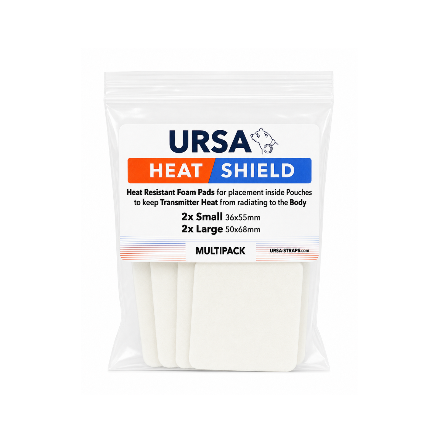 URSA heat shield foam pads pack with multiple white pads in a clear bag