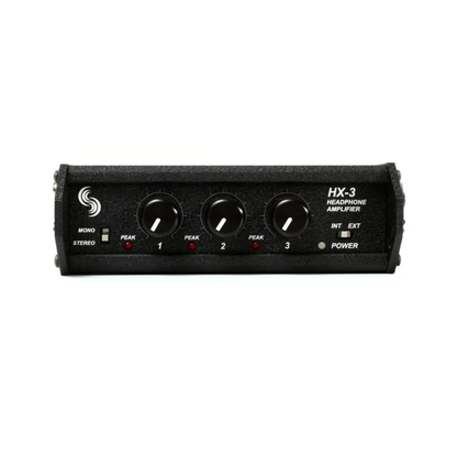 Black headphone amplifier with four knobs, power switch, and headphone output jacks