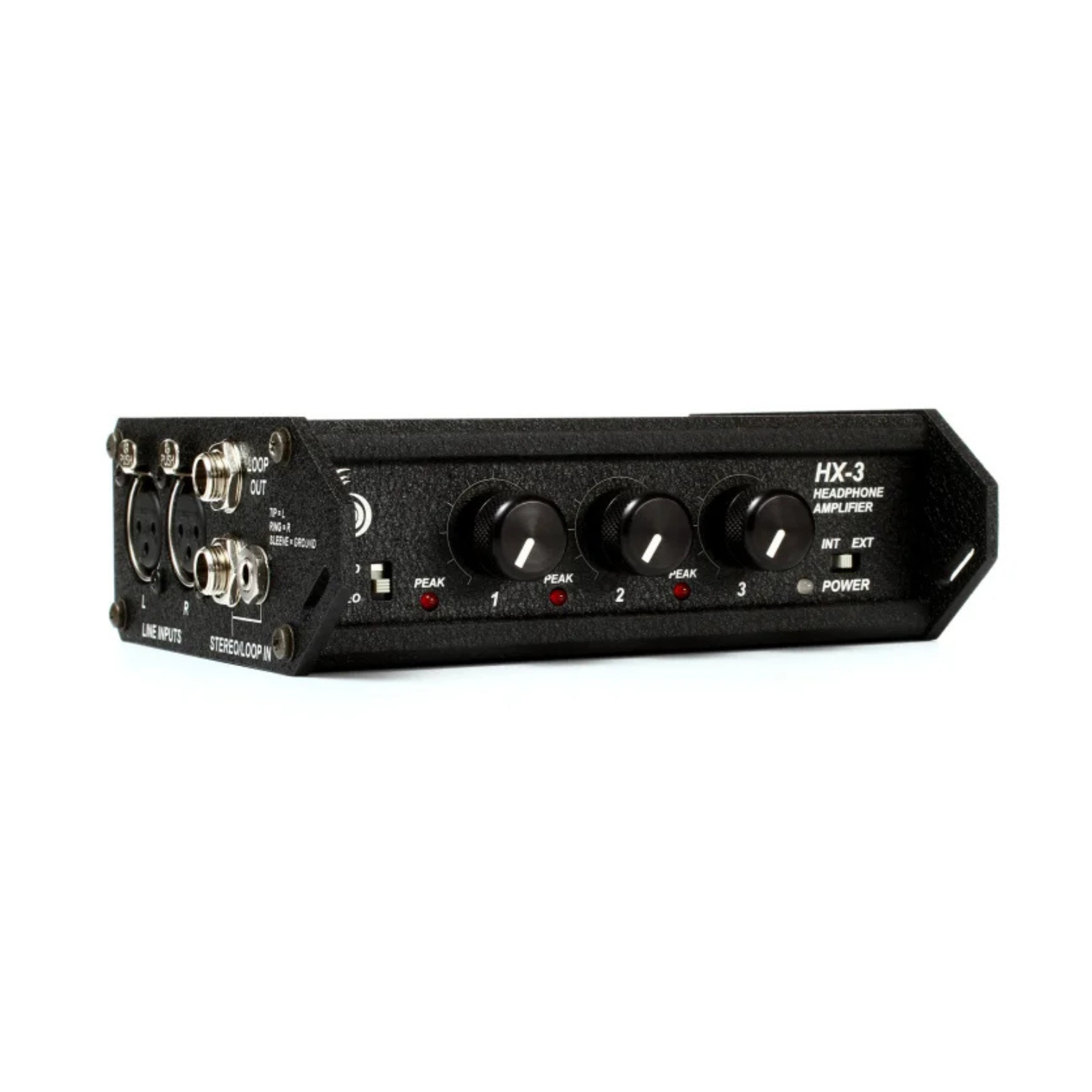 Black headphone amplifier rear panel with multiple connectors and input/output ports