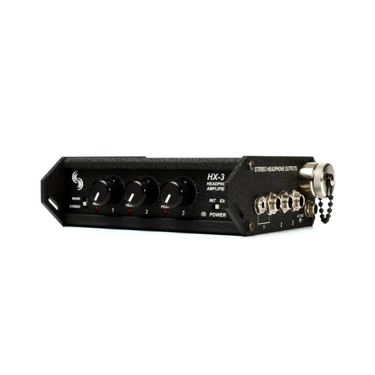 Black headphone amplifier front controls with gain meters labeled 1–3 and power