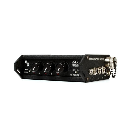 Black headphone amplifier front controls with gain meters labeled 1–3 and power