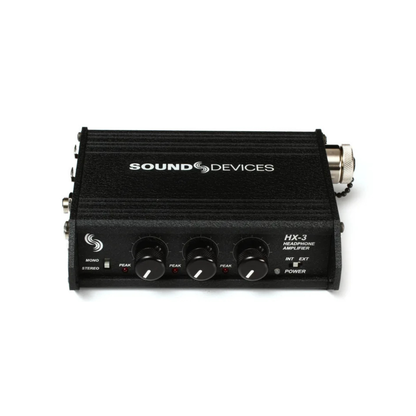 Black headphone amplifier with Sound Devices logo and front headphone controls