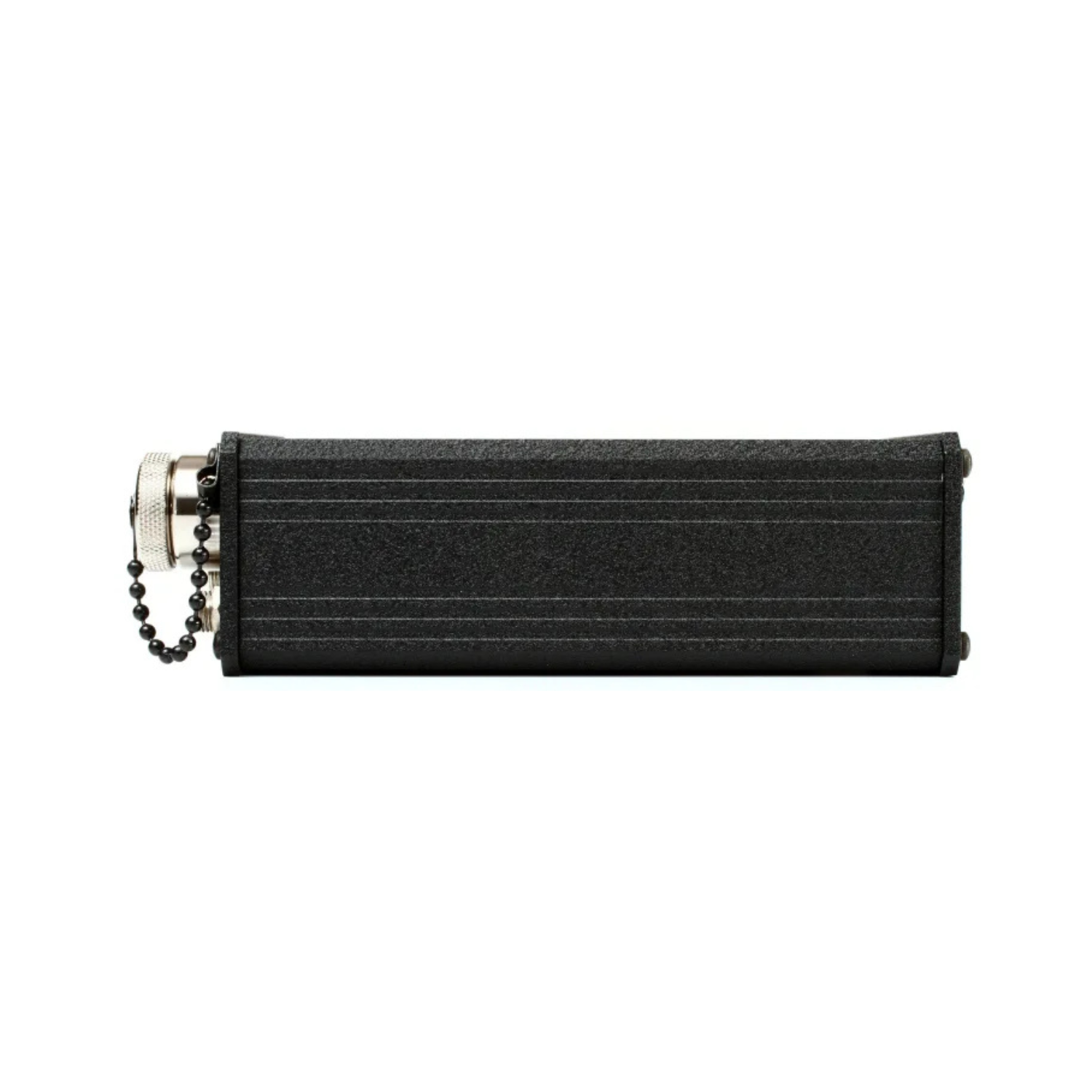 Black headphone amplifier housing with side connectors and cable chain