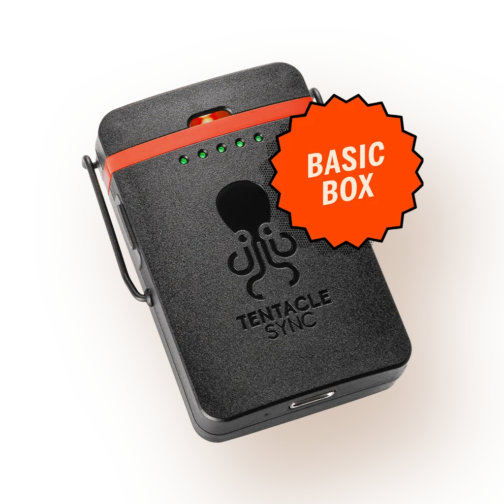 Tentacle TRACK E Basic Box pocket audio recorder and included accessories