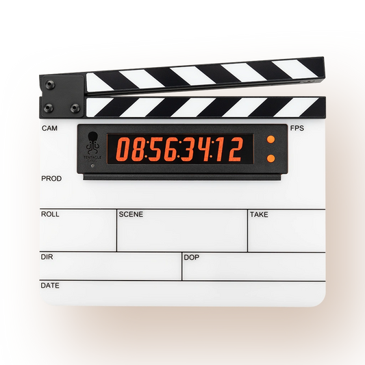Black-and-white timecode clapper slate with orange digital display and striped top