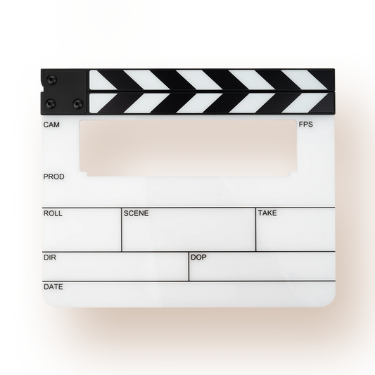Timecode clapper slate with striped clapper and labeled fields (CAM, FPS, SCENE)