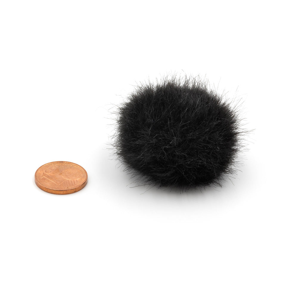 Black round furry microphone windscreen cover with coin for size reference