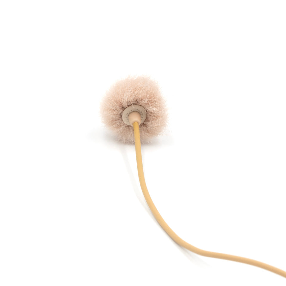 Beige furry windscreen microphone cover with cord and small mounting head