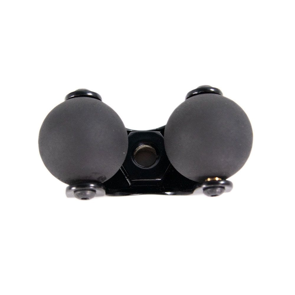Swing arm clamp with two dark spherical ends and central metal bracket