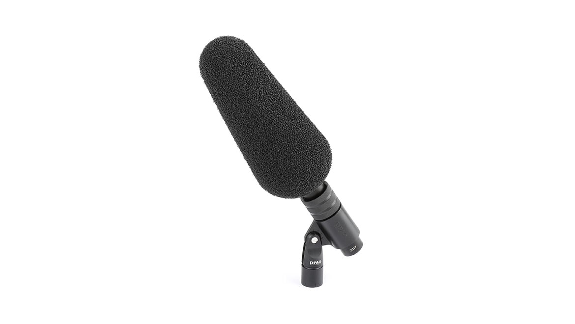 DPA 2017 shotgun microphone with black foam windscreen and mount clip