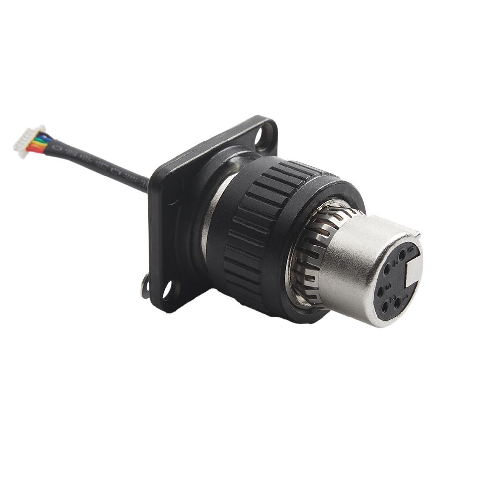 Deity DXTX stereo adaptor with black housing and metal 3-pin circular connector