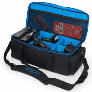 Orca OR-128 universal accessory case, blue top and black base with open organizer compartments