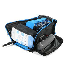 Orca OR-165 duffle bag backpack, open with blue/black compartments and side pocket