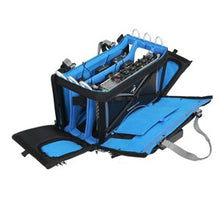 Orca OR-334 open tool bag with blue trays, dividers, and shoulder strap