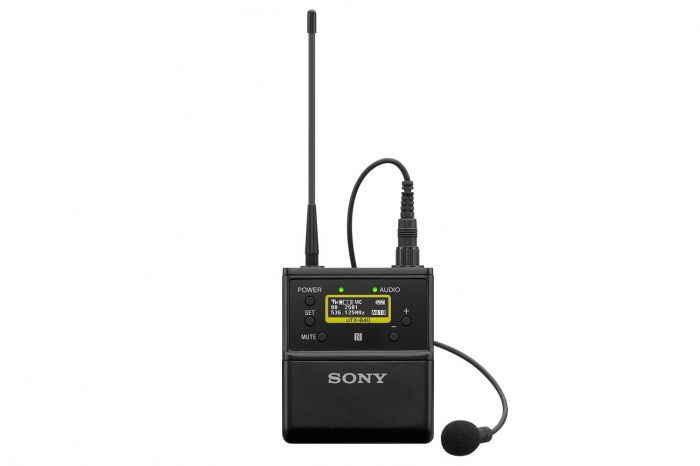 Sony dual radio microphone receiver with black lapel mic and display screen