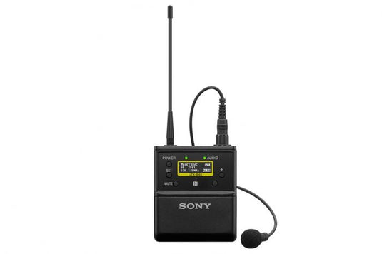 Sony dual radio microphone receiver with black lapel mic and display screen