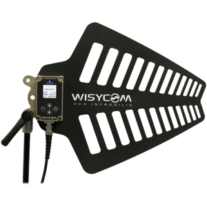 Wisycom wideband active antenna with black slotted panel and mounting bracket