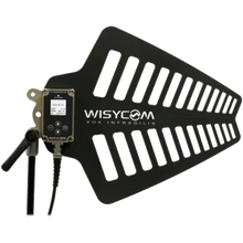 Wisycom wideband active antenna with black slotted panel and mounting bracket