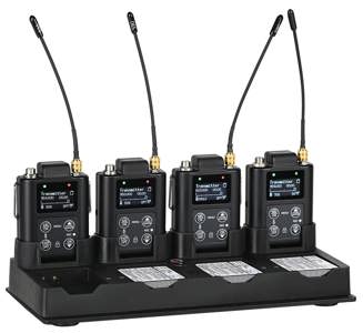 4-slot battery charger with data transfer base and four antennas