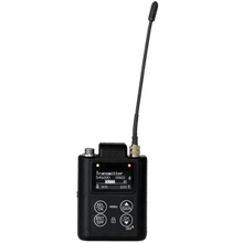 Black miniature bodypack transmitter with antenna and control buttons