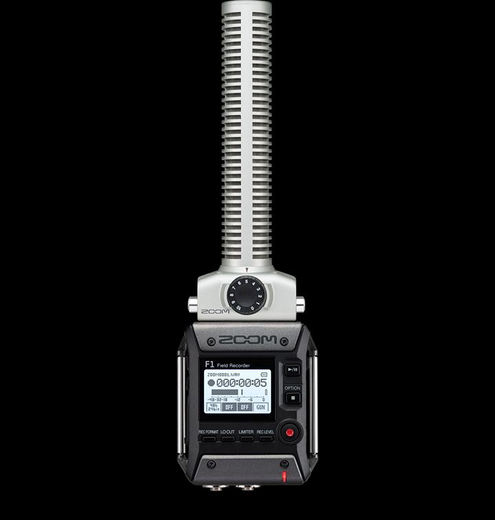 Zoom F1 field recorder with attached shotgun microphone, LCD screen and controls
