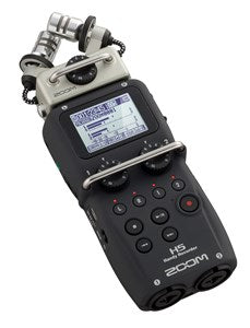 Zoom H5 handheld audio recorder with LCD screen, black body, and control buttons