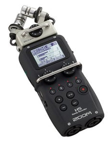 Zoom H5 handheld audio recorder with LCD screen, black body, and control buttons