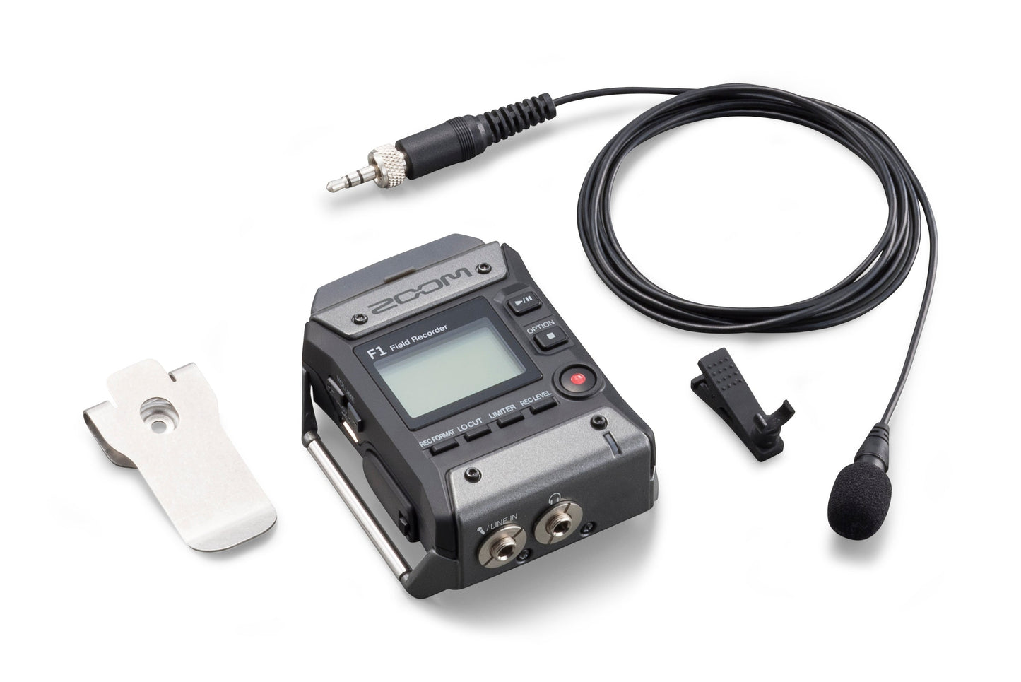 Zoom F1 field recorder with LCD, lavalier mic and cables, including clip and windscreen