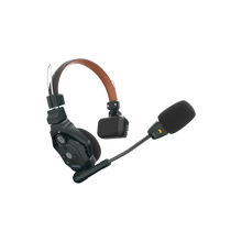 Hollyland wireless headset with brown headband, black earcups, and boom mic foam windscreen