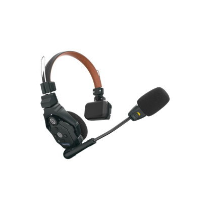 Hollyland wireless headset with brown headband, black earcups, and boom mic foam windscreen