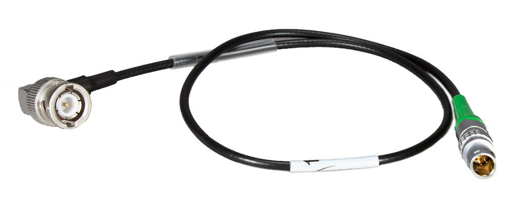 Black timecode cable with BNC connector and Lemo input connector, green strain relief