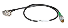 Black timecode cable with BNC connector and Lemo input connector, green strain relief