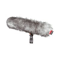 Gray furry microphone windscreen with attached handle and red label