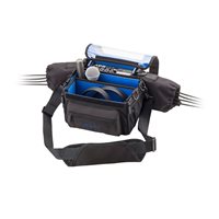 Black laptop carry bag with adjustable shoulder strap, front pocket, and blue organizer panel.
