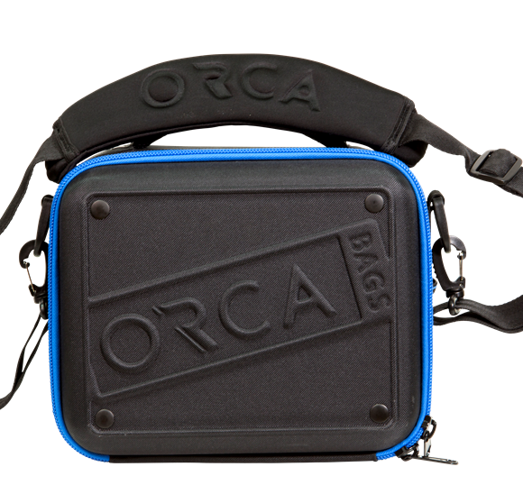 Orca hard shell accessory bag, black with blue trim, crossbody strap, OR-69 embossed