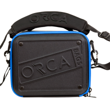 Orca hard shell accessory bag, black with blue trim, crossbody strap, OR-69 embossed