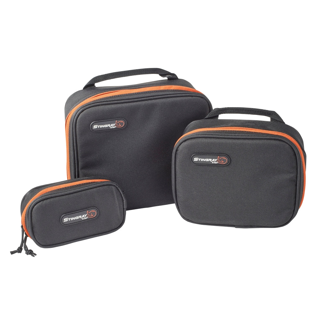 K-Tek Gizmo bag set of 3: three black zip pouches with orange trim and logo