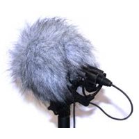 Furry gray wind jammer windscreen for microphone on black mount