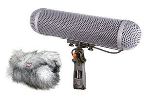 Rycote windshield kit with gray foam windscreen, furry cover, and shock mount