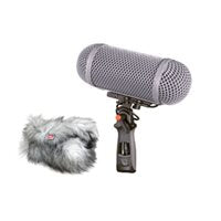 Microphone windshield kit with foam mesh cylinder and furry windscreen, plus mount