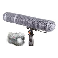Microphone windshield kit with gray mesh windscreen, gray furry cover, and accessory canister