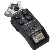 Black handheld audio recorder with color display and control buttons