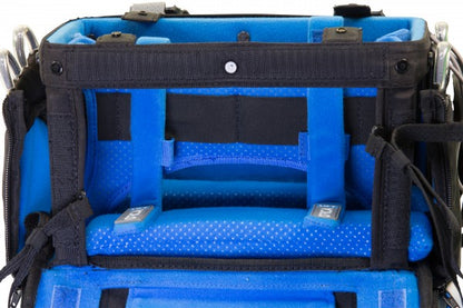 Audio mixer bag interior with blue foam padding and black compartment walls